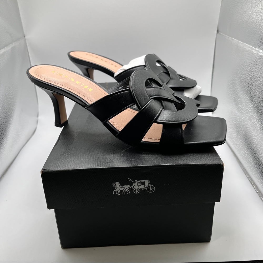 NWB COACH Tillie Leather Sandal black leather heels size 7.5 - Picture 2 of 11
